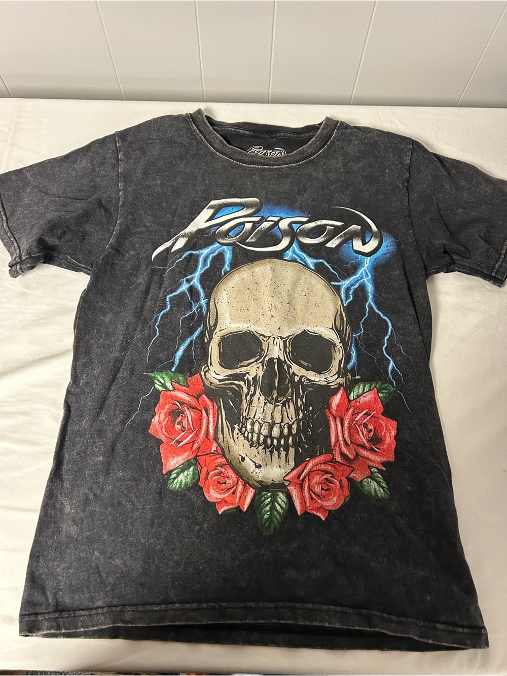 Poison Graphic Skull & Roses Tee - Black with Red Accents rock and roll XS